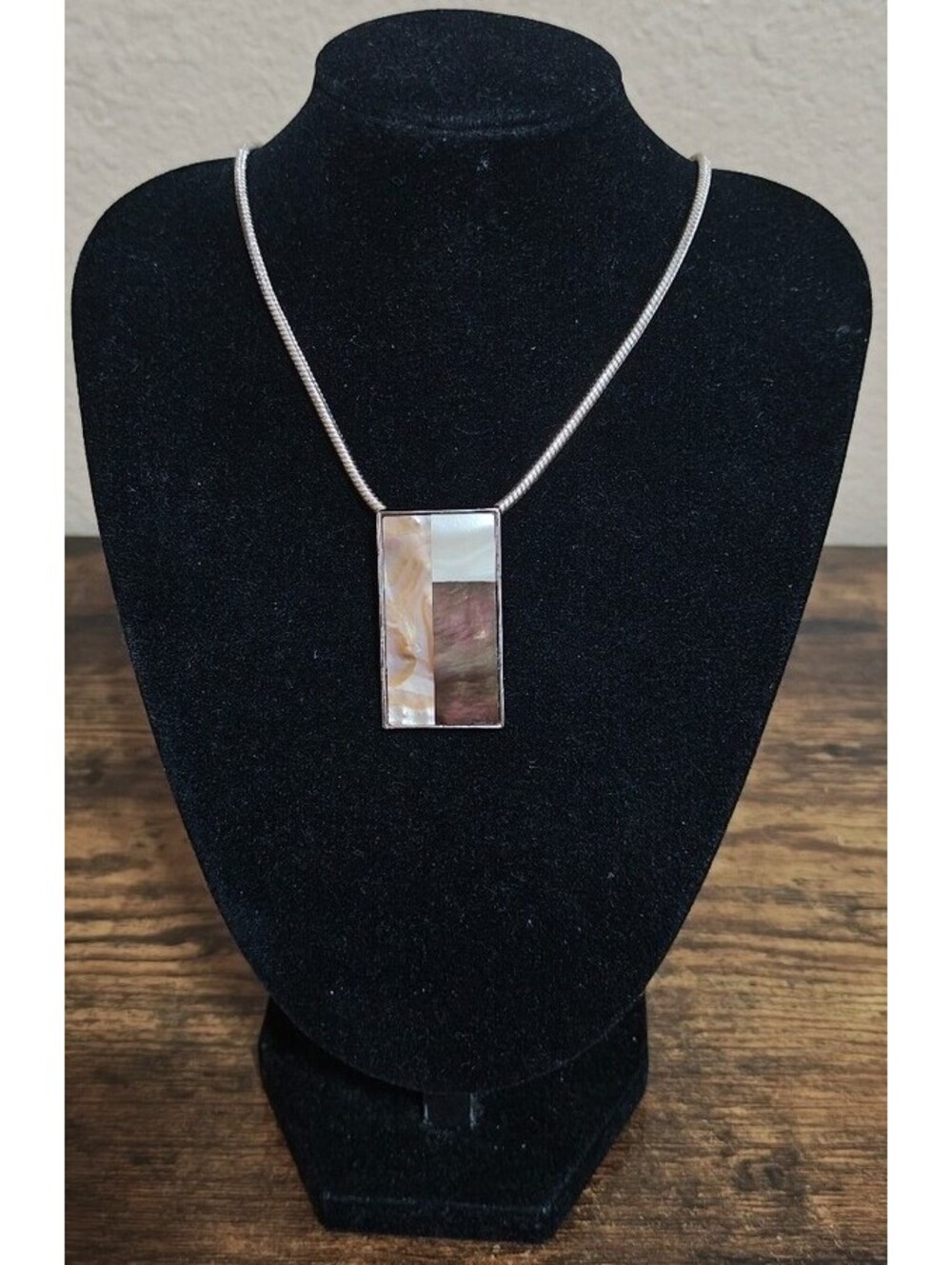 2000s Lia Sophia Mother of Pearl & Abalone Mosaic Geometric Pendant Necklace
